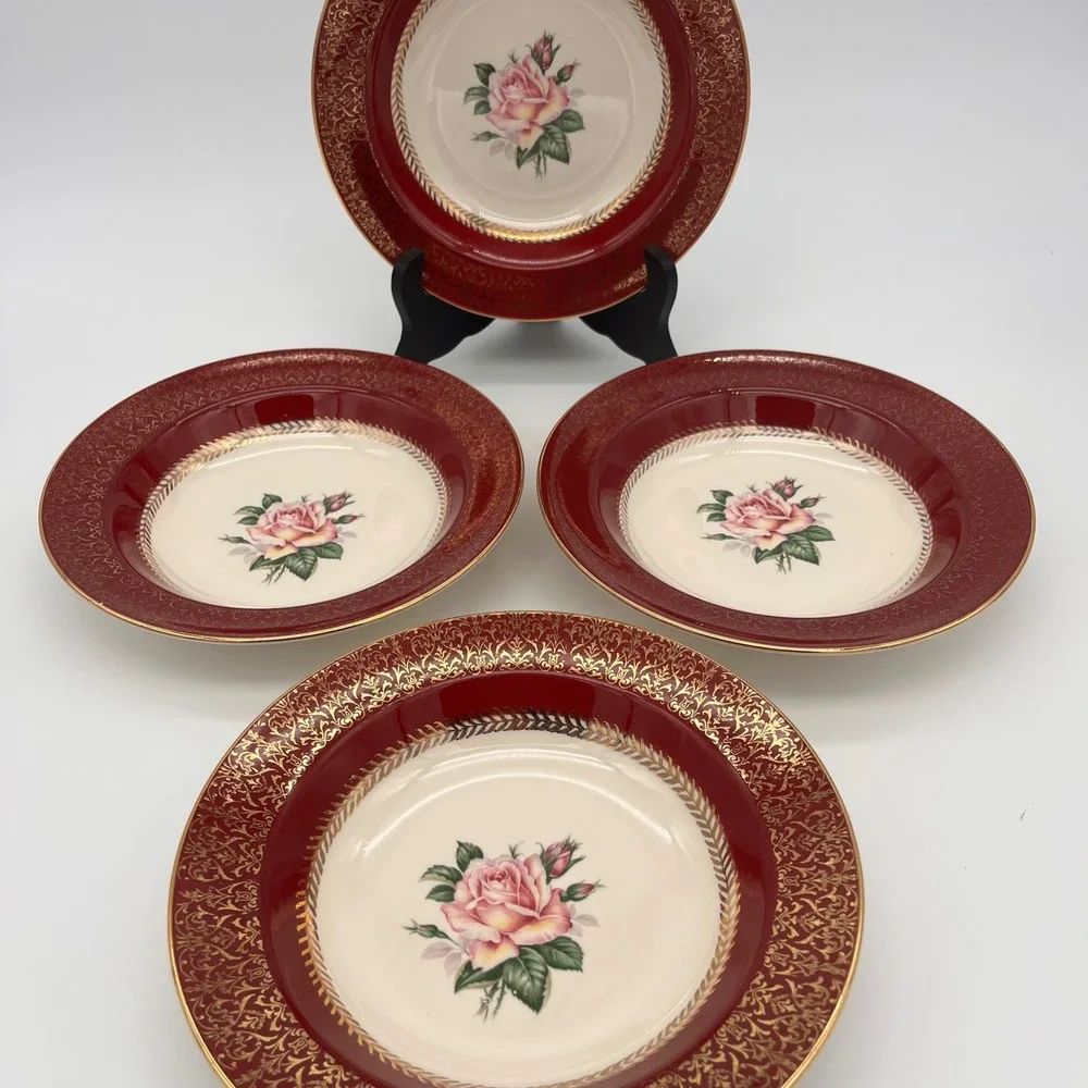 Homer Laughlin Lady Stratford Soup Bowl Set 4 Maroon Red Gold Rose Vintage